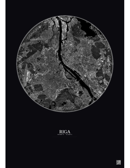 Riga Satellite View Poster 10km B&W | Gravura – Dark background