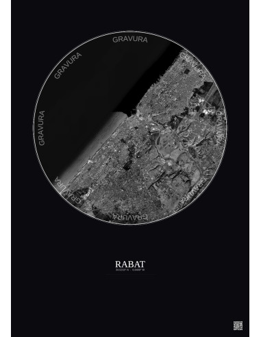 Affiche Rabat – Poster vue satellite 10km N&B | Gravura – Fond foncé
