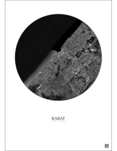 Rabat Satellite View Poster 10km B&W | Gravura – Light background