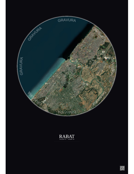 Rabat Satellite View Poster 10km Color | Gravura – Dark background