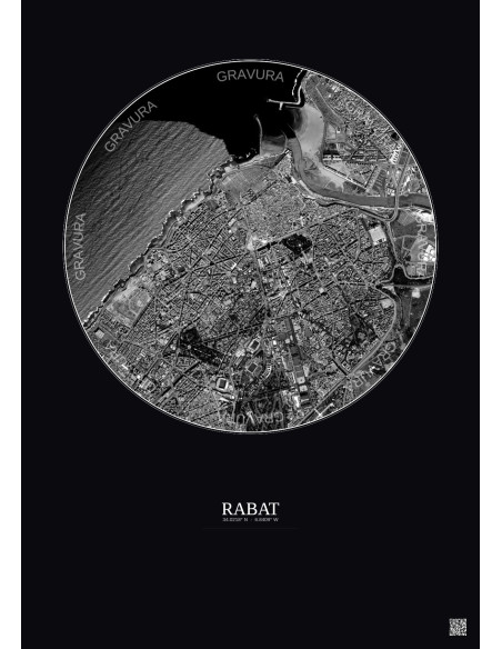 Rabat Satellite View Poster 2.5km B&W | Gravura – Dark background