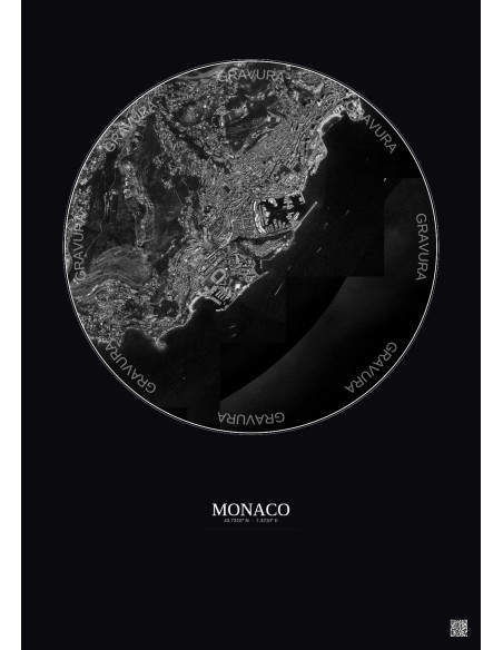 Affiche Monaco – Poster vue satellite 2.5km N&B | Gravura – Fond foncé