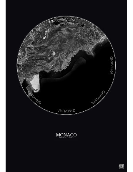 Affiche Monaco – Poster vue satellite 10km N&B | Gravura – Fond foncé