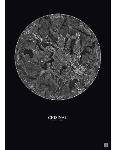 Affiche Chisinau – Poster vue satellite 10km N&B | Gravura – Fond foncé