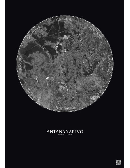 Antananarivo Satellite View Poster 10km B&W | Gravura – Dark background