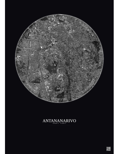 Antananarivo Satellite View Poster 2.5km B&W | Gravura – Dark background