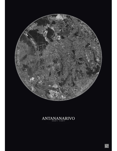 Affiche Antananarivo – Poster vue satellite 6km N&B | Gravura – Fond foncé
