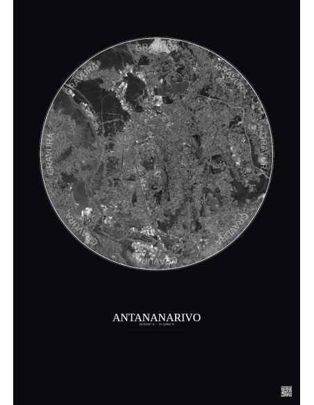 Affiche Antananarivo – Poster vue satellite 6km N&B | Gravura – Fond foncé