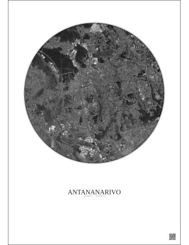 Affiche Antananarivo – Poster vue satellite 6km N&B | Gravura – Fond clair