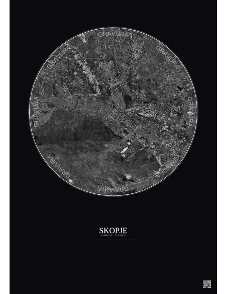 Affiche Skopje – Poster vue satellite 10km N&B | Gravura – Fond foncé