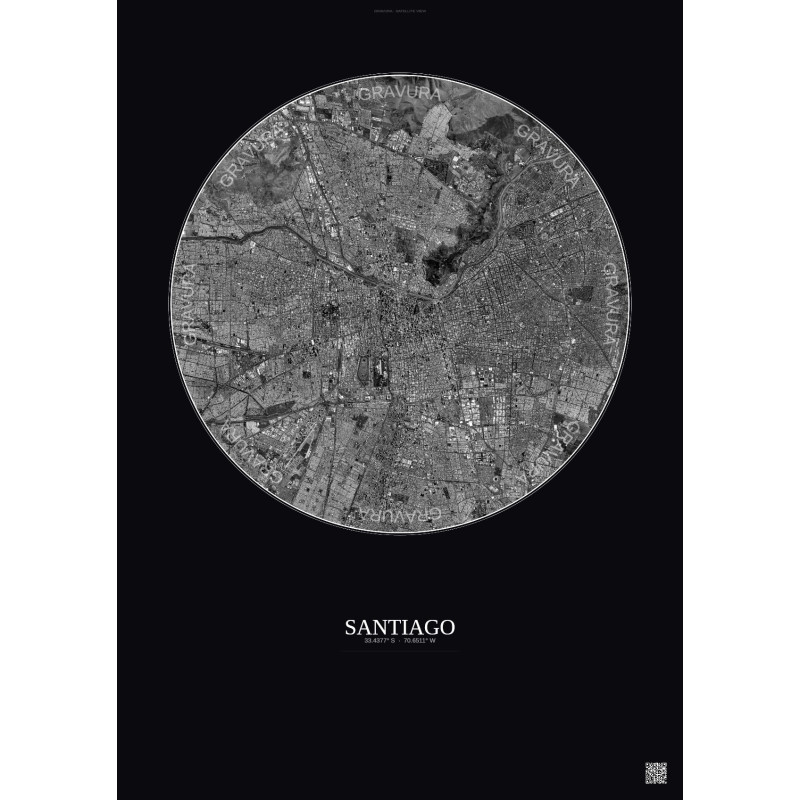 Affiche Santiago – Poster vue satellite 10km N&B | Gravura – Fond foncé