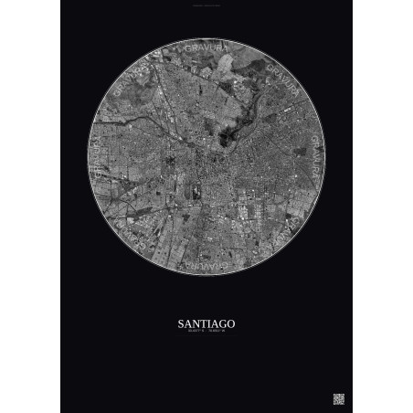 Affiche Santiago – Poster vue satellite 10km N&B | Gravura – Fond foncé