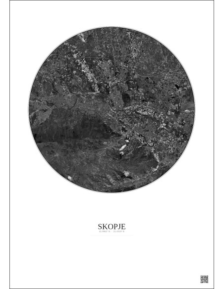 Affiche Skopje – Poster vue satellite 10km N&B | Gravura – Fond clair