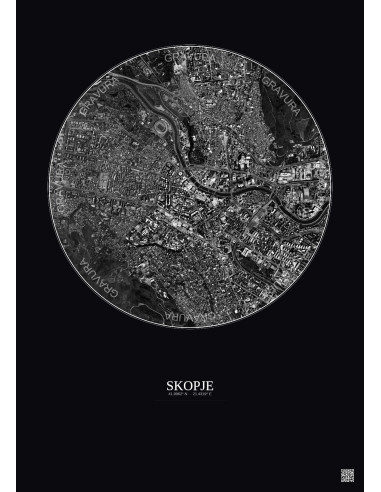 Affiche Skopje – Poster vue satellite 2.5km N&B | Gravura – Fond foncé
