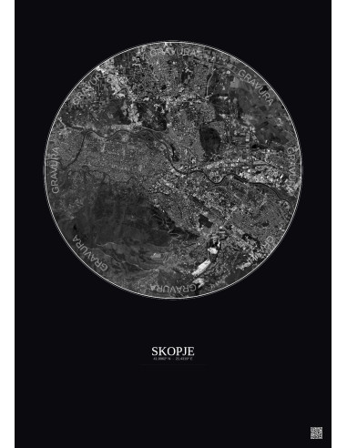 Affiche Skopje – Poster vue satellite 6km N&B | Gravura – Fond foncé