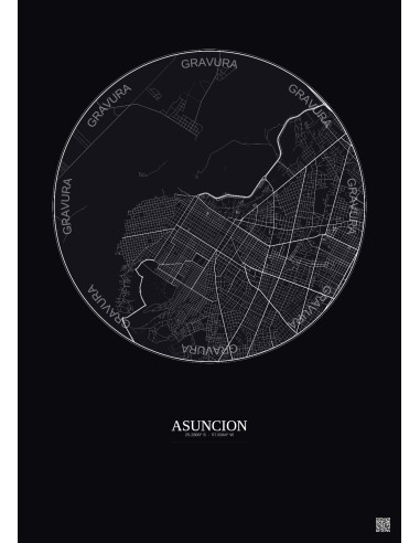 Affiche Asuncion – Poster carte de ville 6km | Gravura – Fond foncé