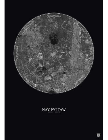 Affiche Nay Pyi Taw – Poster vue satellite 10km N&B | Gravura – Fond foncé
