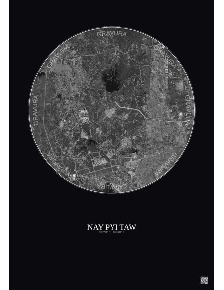 Affiche Nay Pyi Taw – Poster vue satellite 10km N&B | Gravura – Fond foncé