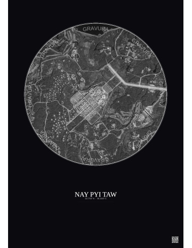 Affiche Nay Pyi Taw – Poster vue satellite 2.5km N&B | Gravura – Fond foncé