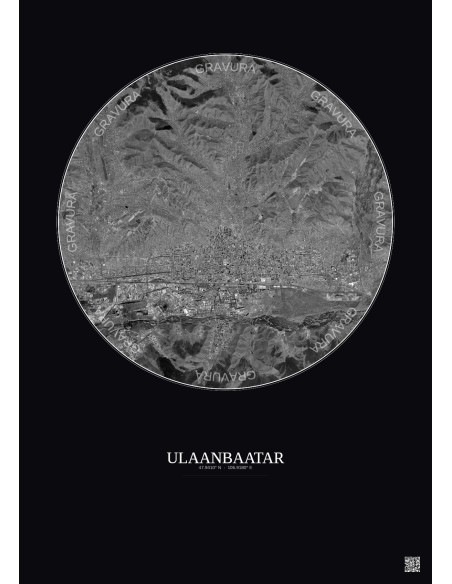 Affiche Ulaanbaatar – Poster vue satellite 10km N&B | Gravura – Fond foncé