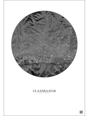 Affiche Ulaanbaatar – Poster vue satellite 10km N&B | Gravura – Fond clair