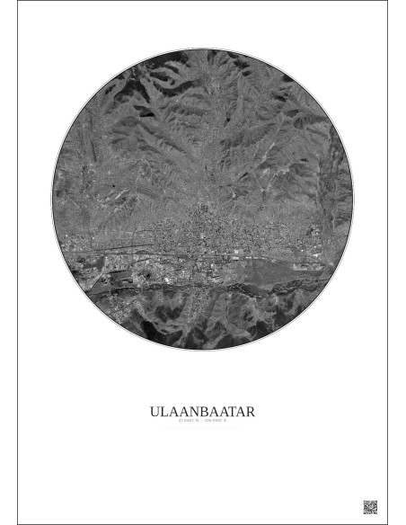 Affiche Ulaanbaatar – Poster vue satellite 10km N&B | Gravura – Fond clair