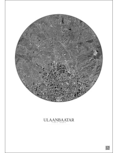 Affiche Ulaanbaatar – Poster vue satellite 2.5km N&B | Gravura – Fond clair