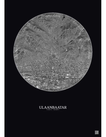 Ulaanbaatar Satellite View Poster 6km B&W | Gravura – Dark background