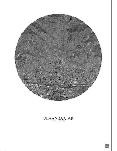 Affiche Ulaanbaatar – Poster vue satellite 6km N&B | Gravura – Fond clair