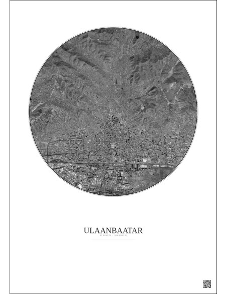 Affiche Ulaanbaatar – Poster vue satellite 6km N&B | Gravura – Fond clair