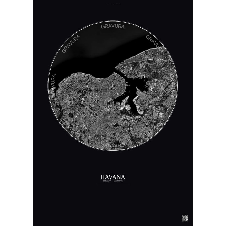 Affiche Havana – Poster vue satellite 6km N&B | Gravura – Fond foncé