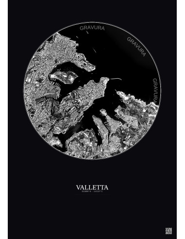 Affiche Valletta – Poster vue satellite 2.5km N&B | Gravura – Fond foncé