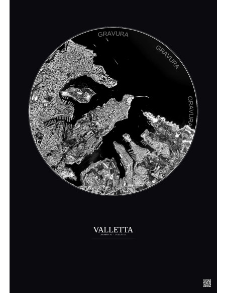 Affiche Valletta – Poster vue satellite 2.5km N&B | Gravura – Fond foncé