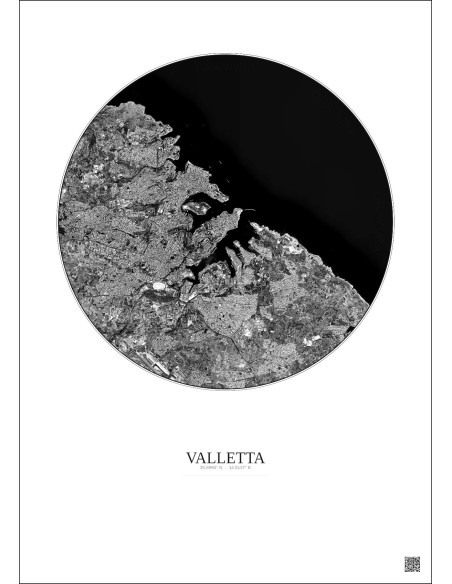 Affiche Valletta – Poster vue satellite 6km N&B | Gravura – Fond clair
