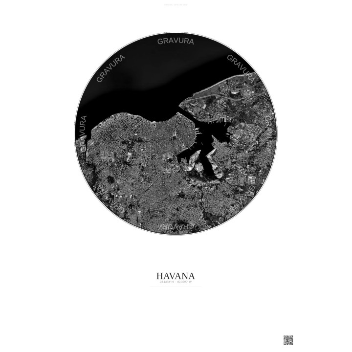 Affiche Havana – Poster vue satellite 6km N&B | Gravura – Fond clair