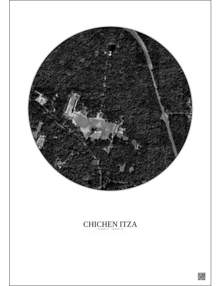 Chichen Itza Satellite View Poster 0.5km B&W | Gravura – Light background