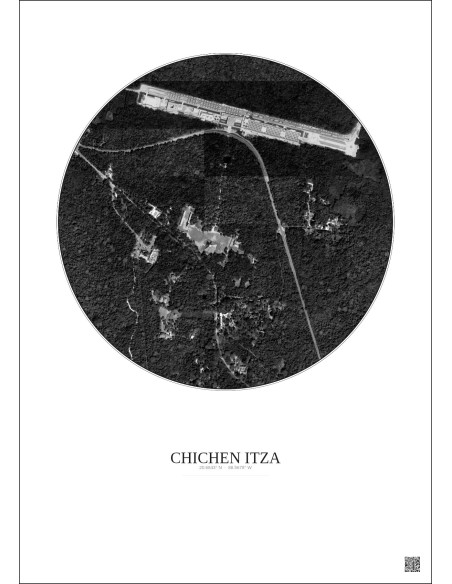 Chichen Itza Satellite View Poster 1km B&W | Gravura – Light background