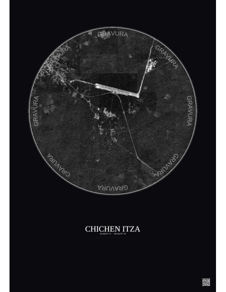 Affiche Chichen Itza – Poster vue satellite 2.5km N&B | Gravura – Fond foncé