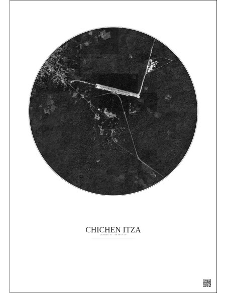 Affiche Chichen Itza – Poster vue satellite 2.5km N&B | Gravura – Fond clair