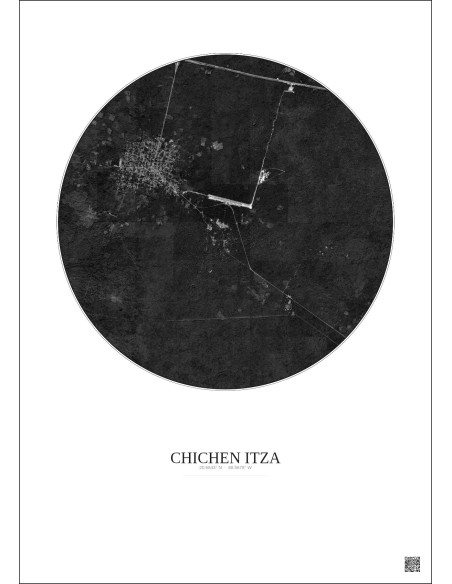 Affiche Chichen Itza – Poster vue satellite 5km N&B | Gravura – Fond clair
