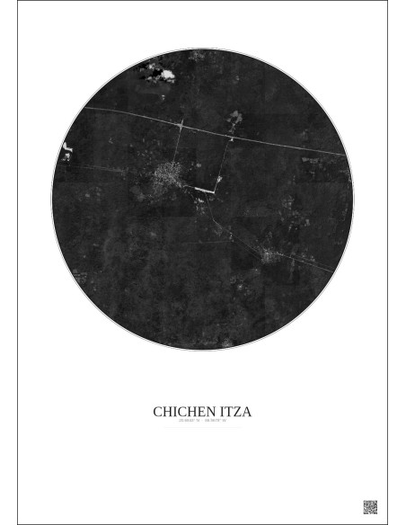 Affiche Chichen Itza – Poster vue satellite 10km N&B | Gravura – Fond clair