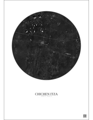 Affiche Chichen Itza – Poster vue satellite 20km N&B | Gravura – Fond clair