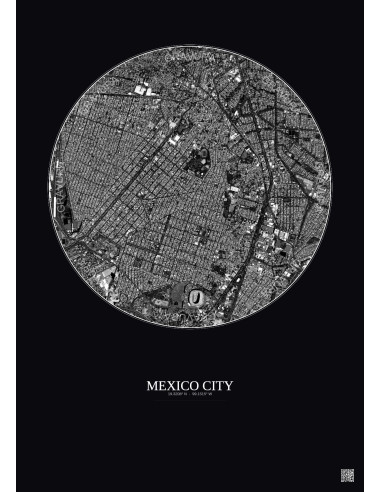 Affiche Mexico City – Poster vue satellite 2.5km N&B | Gravura – Fond foncé