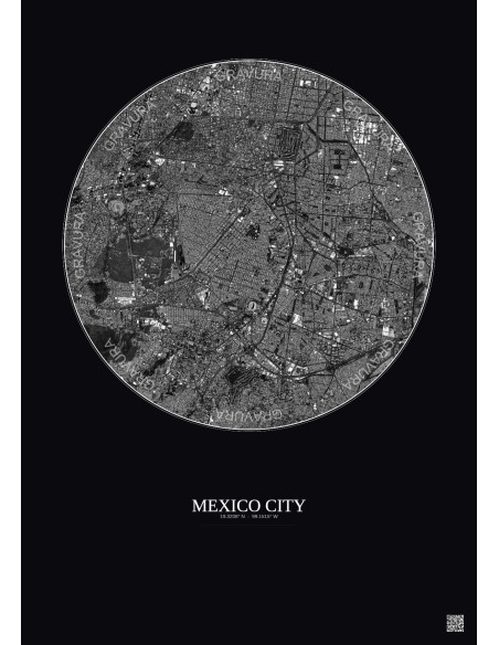 Affiche Mexico City – Poster vue satellite 6km N&B | Gravura – Fond foncé