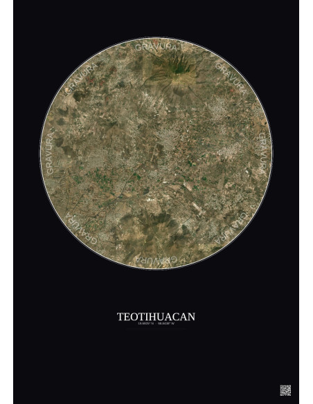 Affiche Teotihuacan – Poster vue satellite 10km Couleur | Gravura – Fond foncé