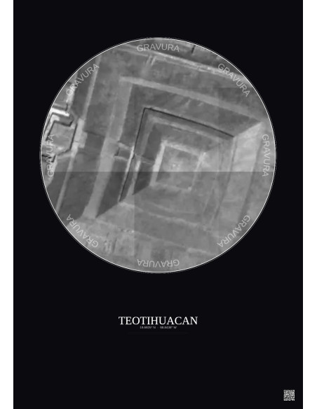 Affiche Teotihuacan – Poster vue satellite 0.1km N&B | Gravura – Fond foncé