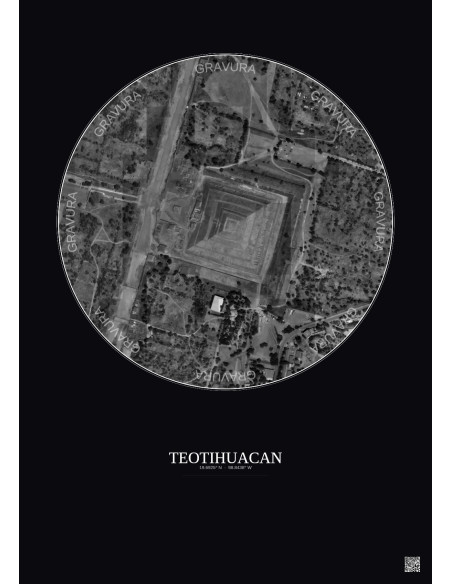Affiche Teotihuacan – Poster vue satellite 0.5km N&B | Gravura – Fond foncé