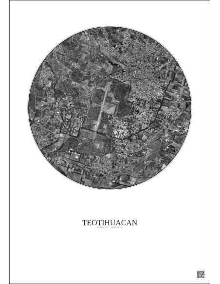 Affiche Teotihuacan – Poster vue satellite 2.5km N&B | Gravura – Fond clair