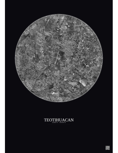 Affiche Teotihuacan – Poster vue satellite 5km N&B | Gravura – Fond foncé