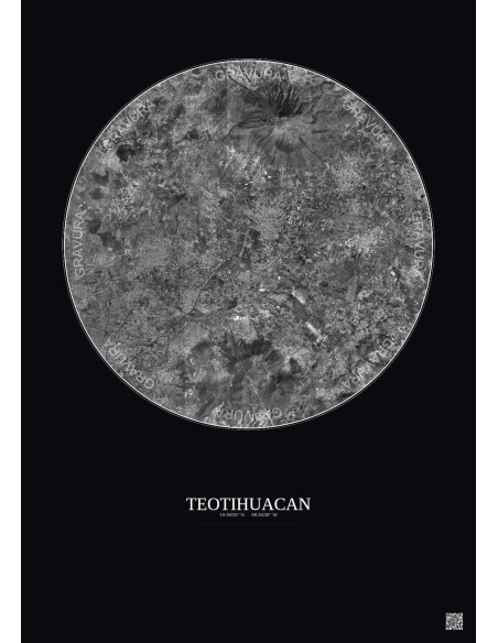 Affiche Teotihuacan – Poster vue satellite 10km N&B | Gravura – Fond foncé